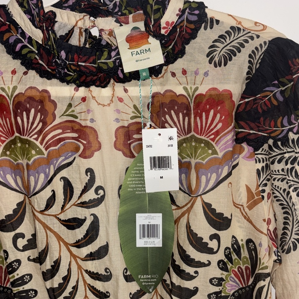 FARM RIO Classic Nature Sand Ruffled Long Sleeve Blouse Size M NWT - Picture 8 of 11